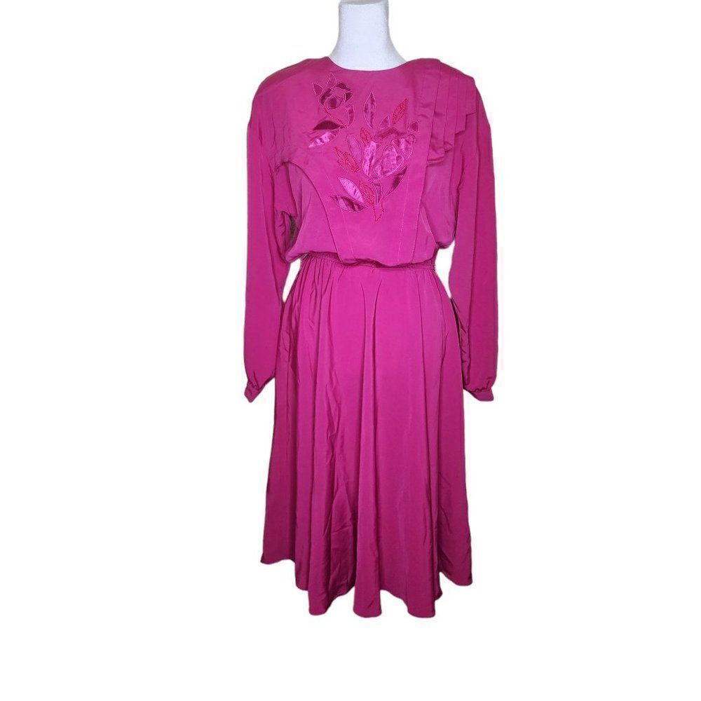 Vintage 80s Blouson Long Sleeve Dress Womens Size 10 Pink Magenta Full Skirt